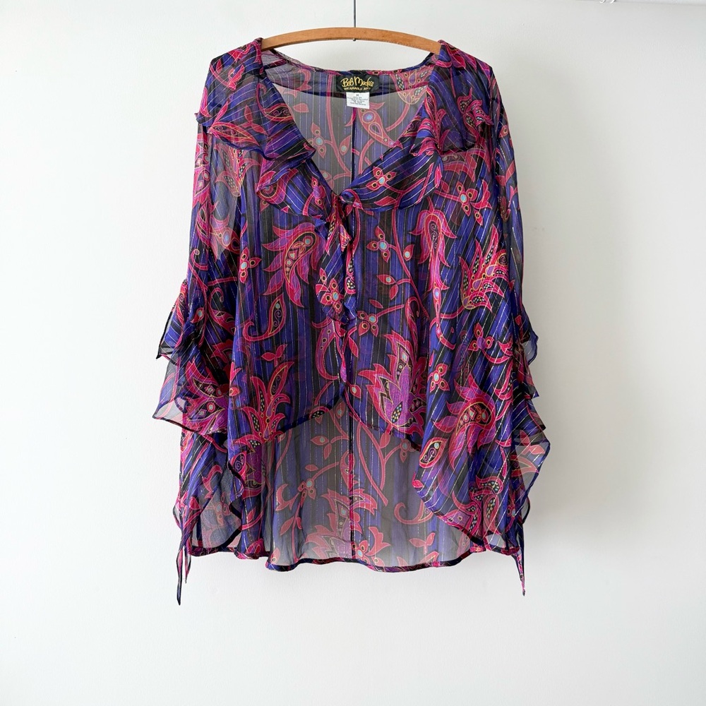 Bob Mackie Women M Cardigan Sheer Silk Ruffle Paisley Multicolor Metallic